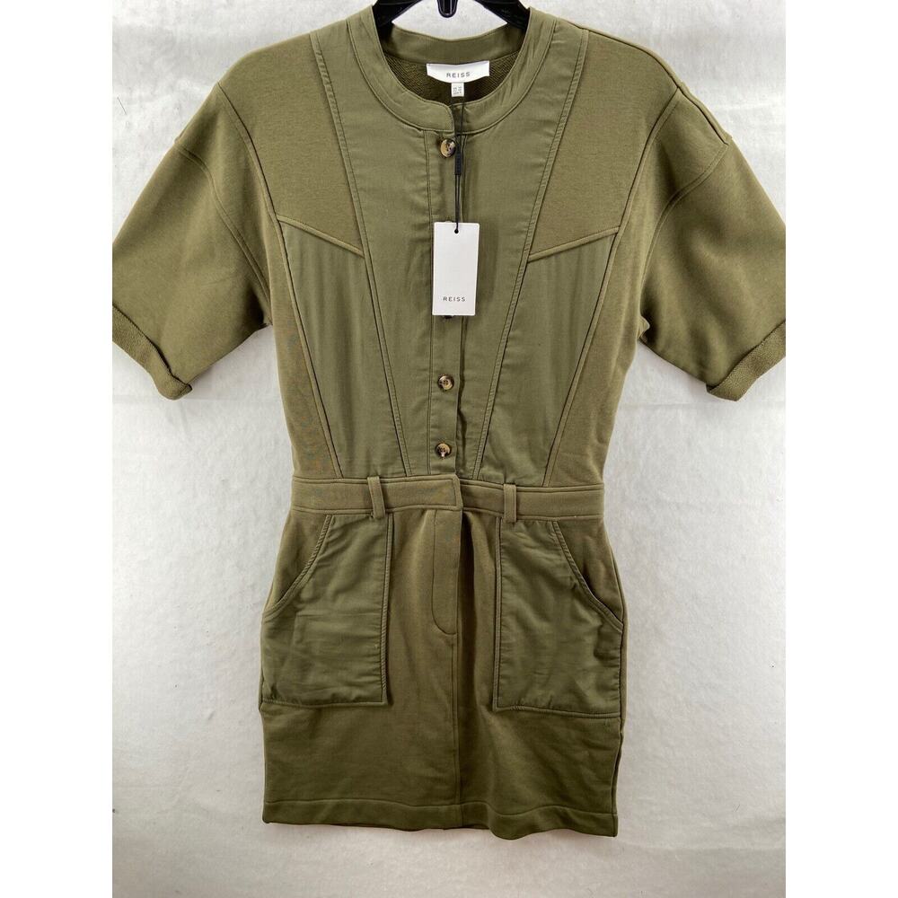 NWT Reiss Dress Womens Sz 6 Emlyn Sweatshirt Panel Detail Khaki Army Green $330